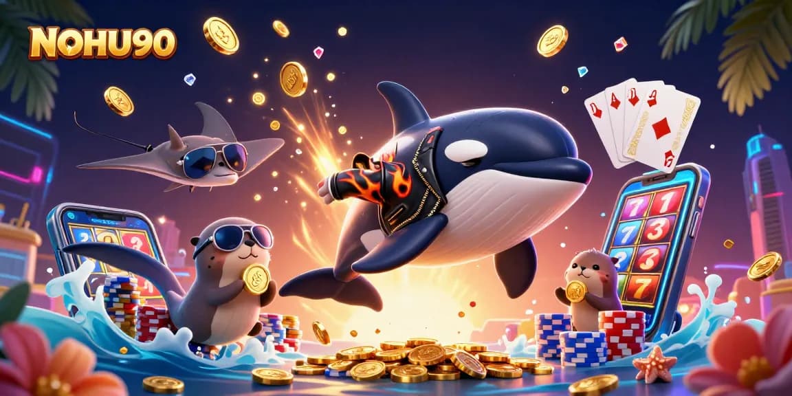 Engage with NOHU90’s thrilling gaming, featuring an orca, stingray, and otters amidst casino elements.