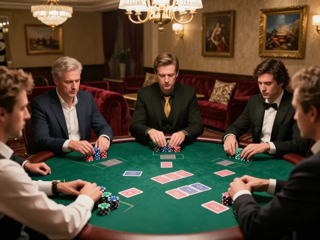 Players engaged in a strategic poker game at mb66 casino, showcasing competitive atmosphere and elegant decor.