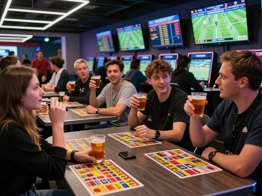 Place 7meter Parlay bets at an exciting sports betting lounge, capturing anticipation and camaraderie