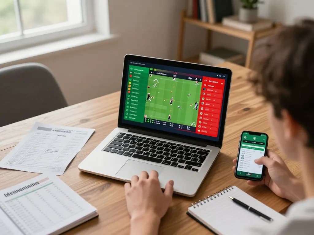 Fabet user engaging in sports betting with laptop and smartphone, showcasing a strategic approach to online gambling.