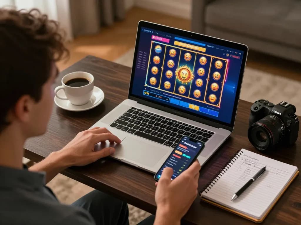 Orang menggunakan pakibanks untuk bermain kasino online di laptop dengan kopi dan catatan strategi terlihat.