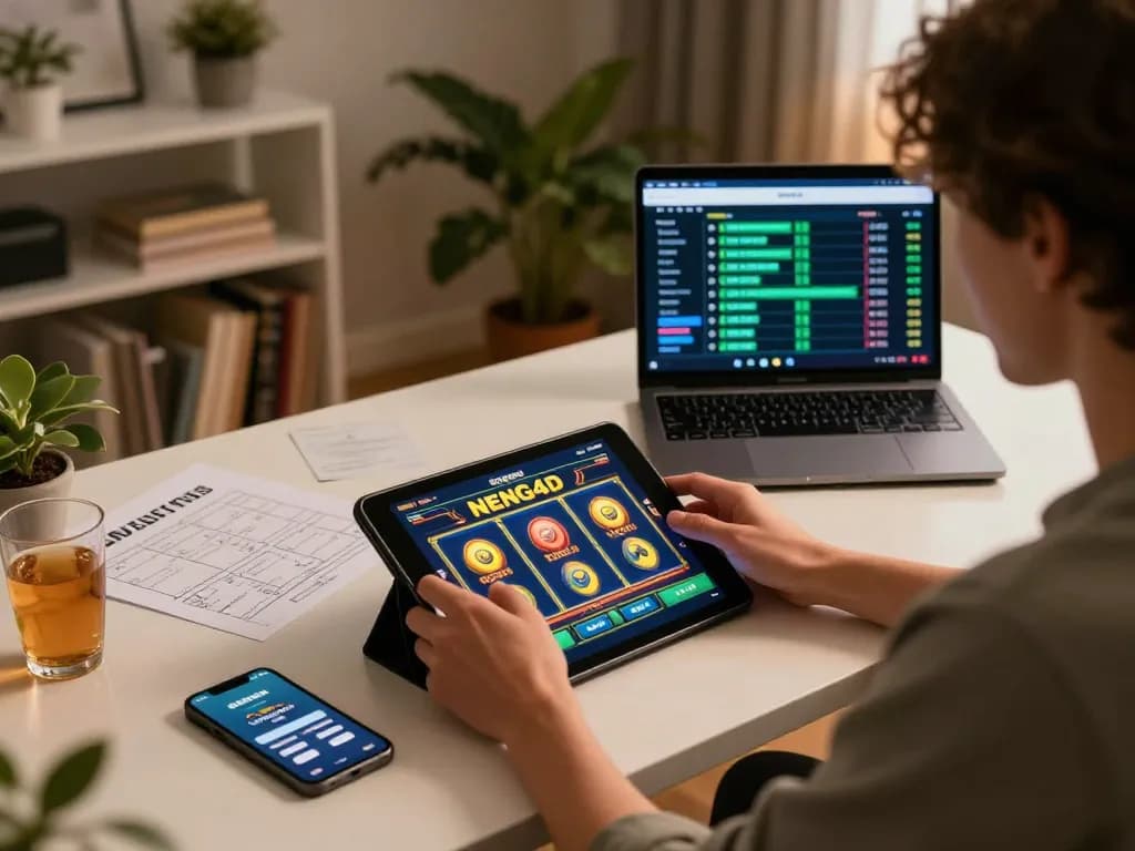 NENG4D player strategizing with tablet in a cozy home gaming setup.