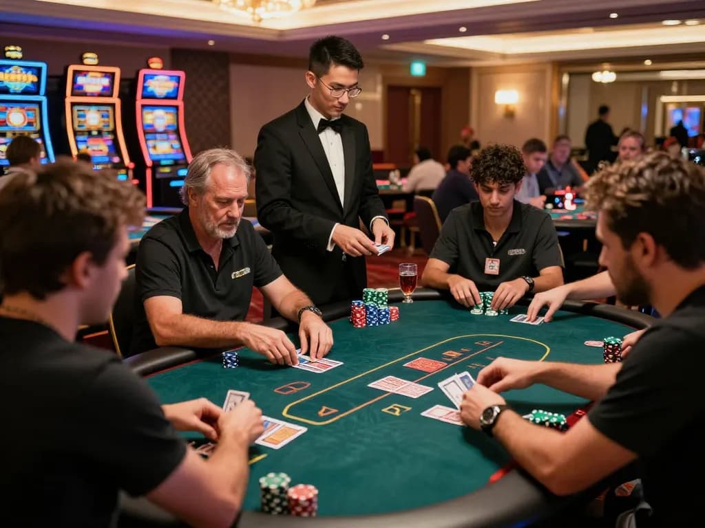 Players enjoying poker games in a vibrant atmosphere at bdtk66.one, showcasing strategic gameplay and a lively casino setting.