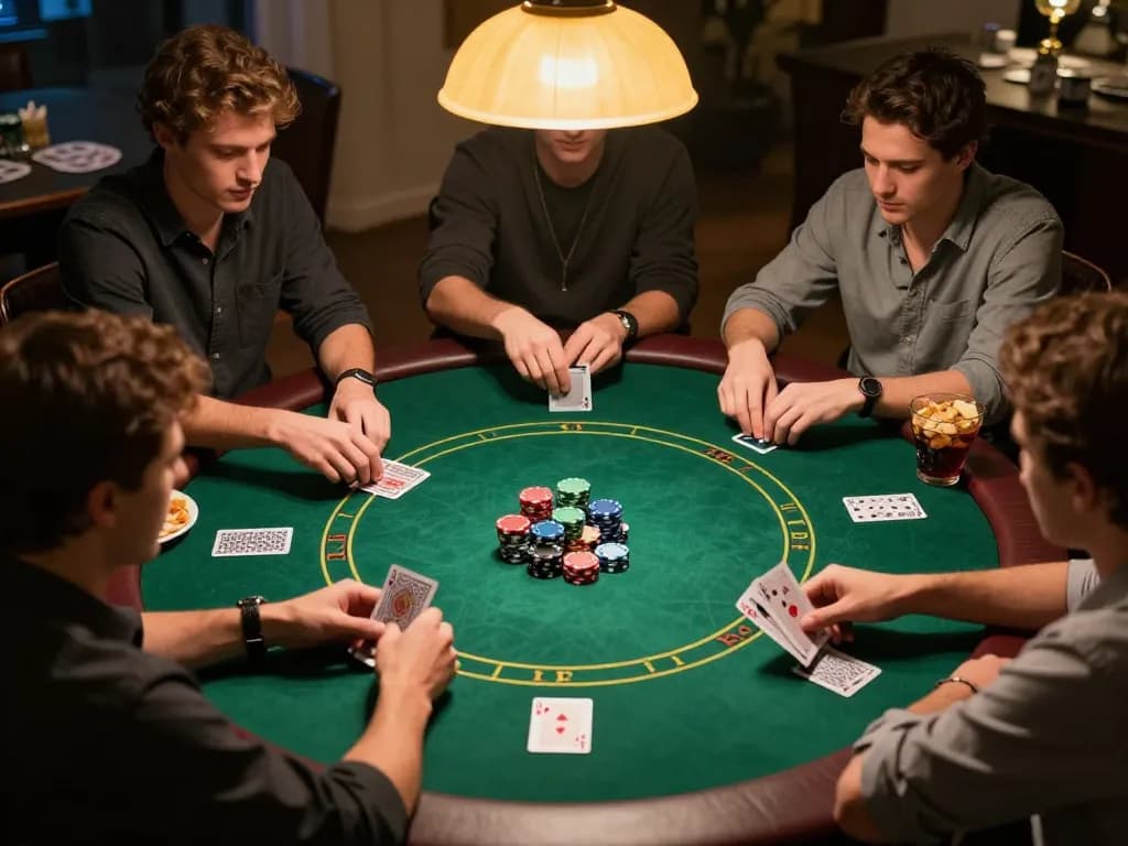 Engaging home poker game showcasing friends playing and enjoying online USA casinos.