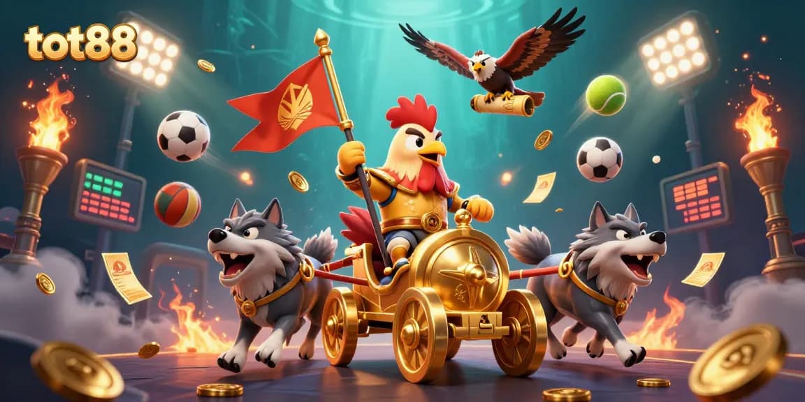 Experience thrilling sports betting action with tot88 amid a vibrant casino scene featuring a rooster warlord.
