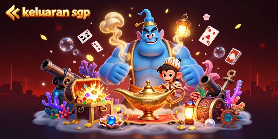Melihat keluaran sgp secara langsung dengan ilustrasi genie, uang, dan poker chip yang menampilkan kedalaman informasi.