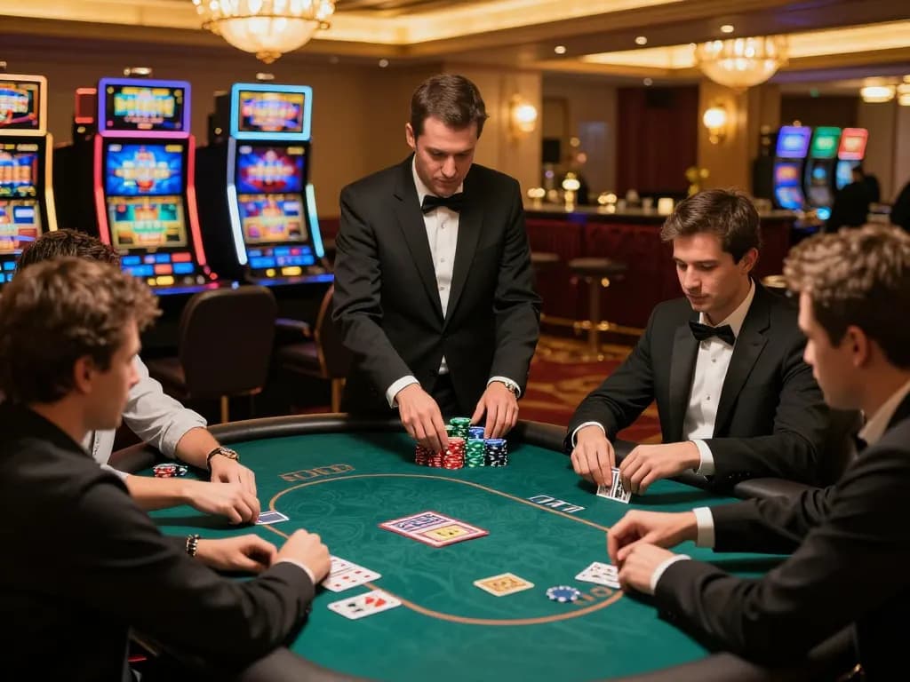go8 players engaging in intense poker game at luxury casino with vibrant atmosphere