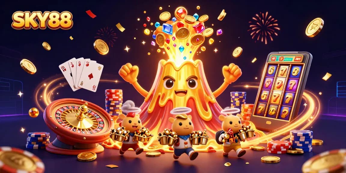 Experience thrilling mega wins with SKY88's vibrant casino adventures featuring coins and gems!