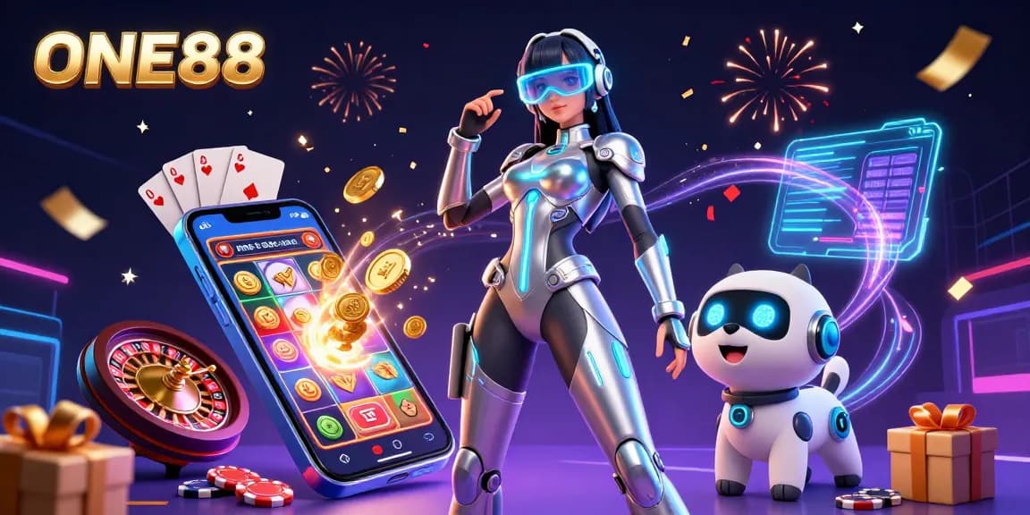 Engage in thrilling casino action at ONE88 with a hyper-detailed futuristic illustration that showcases a woman and a robot dog amidst exciting slot games.