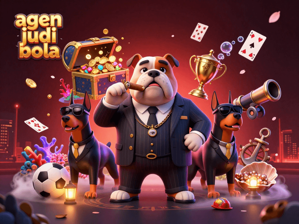 Engage with agen judi bola in a dynamic scene showcasing a mafia boss bulldog and bodyguards amidst sports betting excitement.