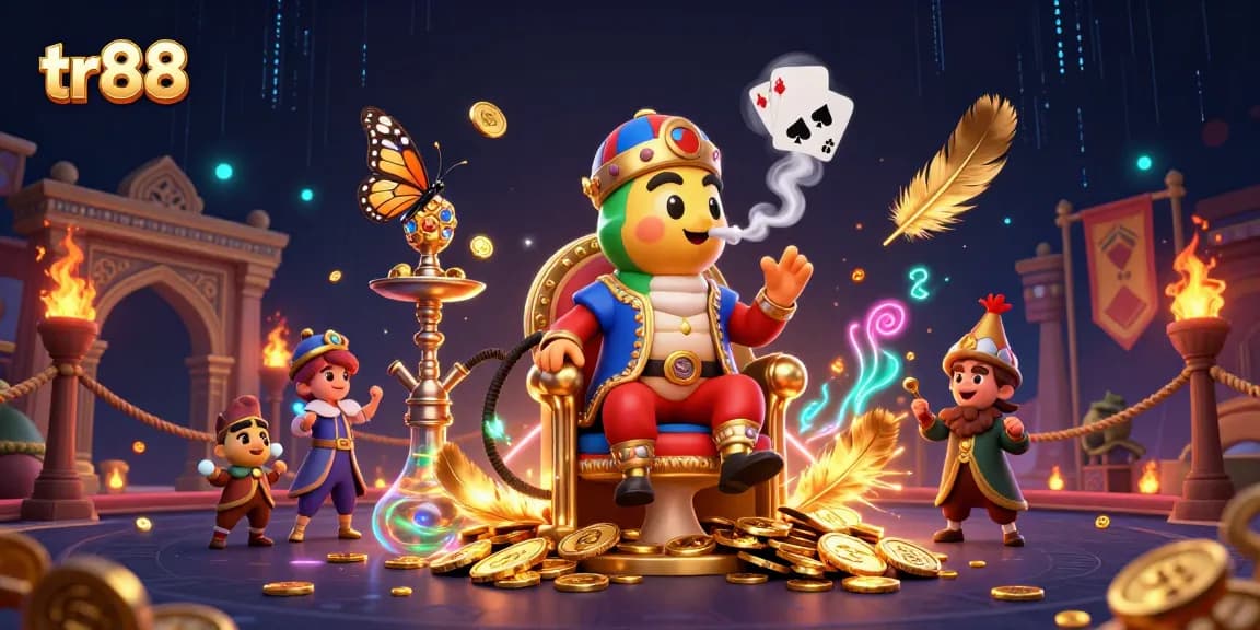 tr88 offers a vibrant 3D scene with a colorful caterpillar hookah-master and symbols of poker, creating engaging gaming excitement.