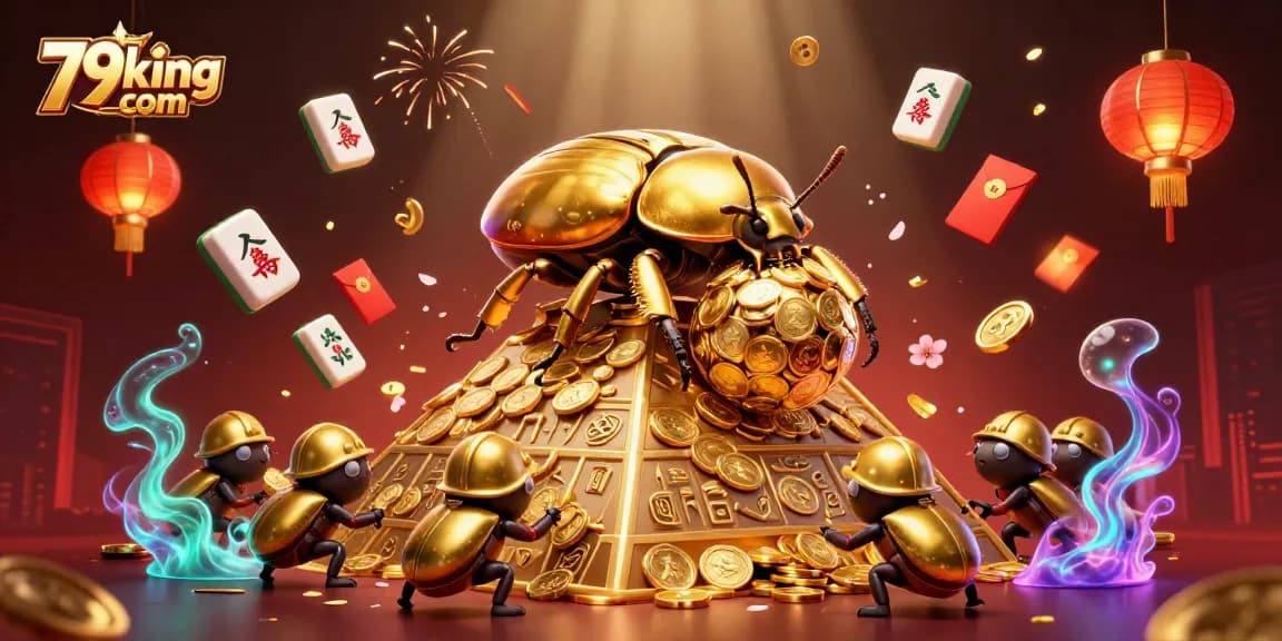 Win big with 79king com at this vibrant casino-themed 3D illustration featuring fortune symbols.