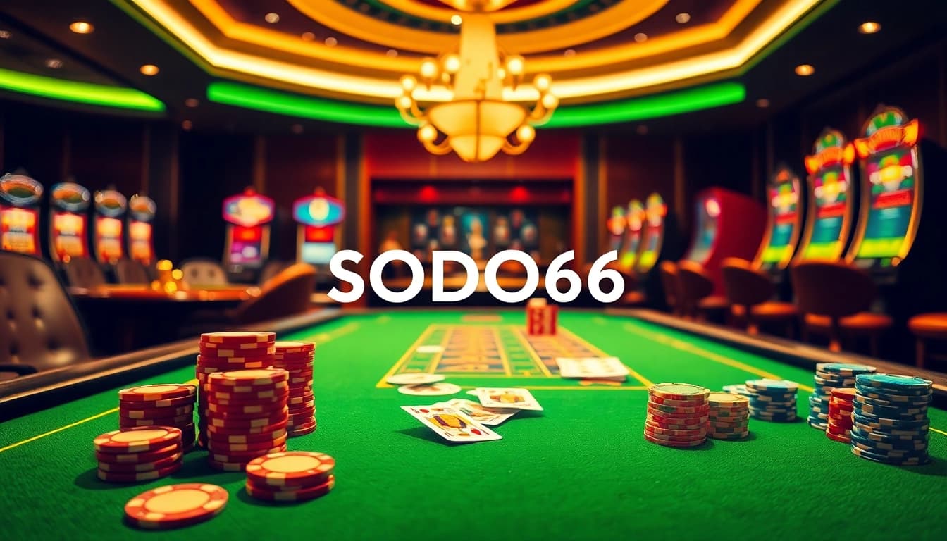 Experience the thrill of SODO66 with vibrant casino elements like roulette wheels and poker chips.