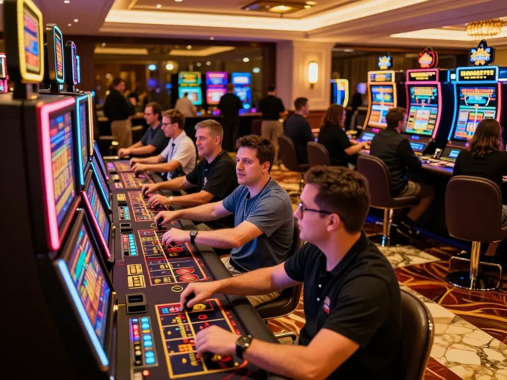 Engage in thrilling gaming at TG88 as players spin colorful slot machines in a vibrant casino