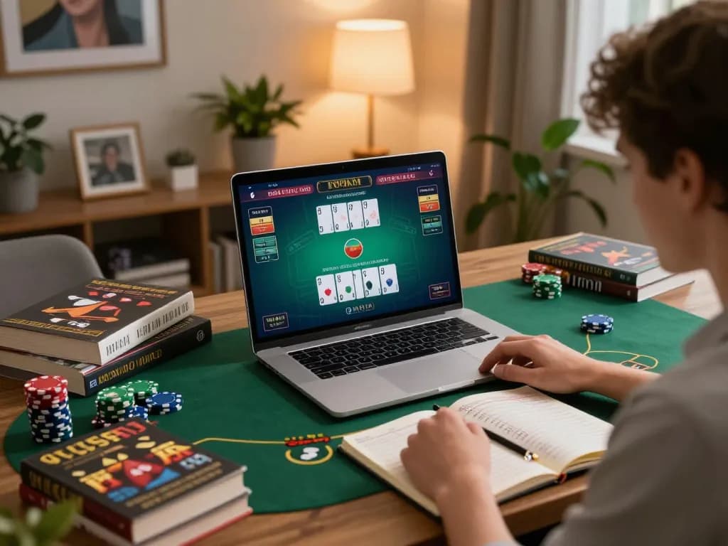 Pemain yang fokus pada permainan strategis selama sesi blackjack dealer langsung di SKY138, menampilkan pengaturan permainan di rumah yang imersif