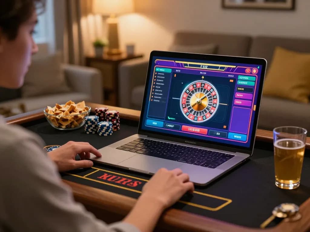 RR88 player enjoying live dealer roulette on laptop in a cozy home setup, emphasizing responsible online gaming
