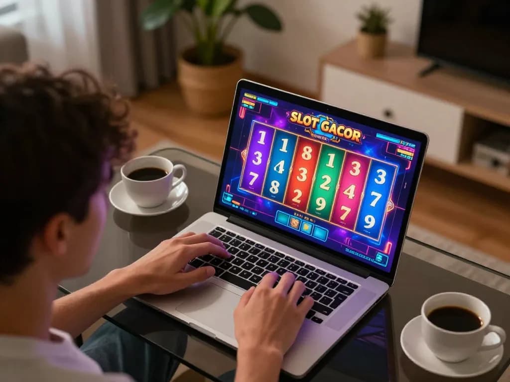 Player enjoying a Slot Gacor game on their laptop in a cozy home setting with colorful graphics.
