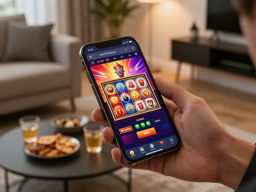 Berinteraksi dengan link hargatoto di smartphone sambil bermain slot online yang cerah di rumah.