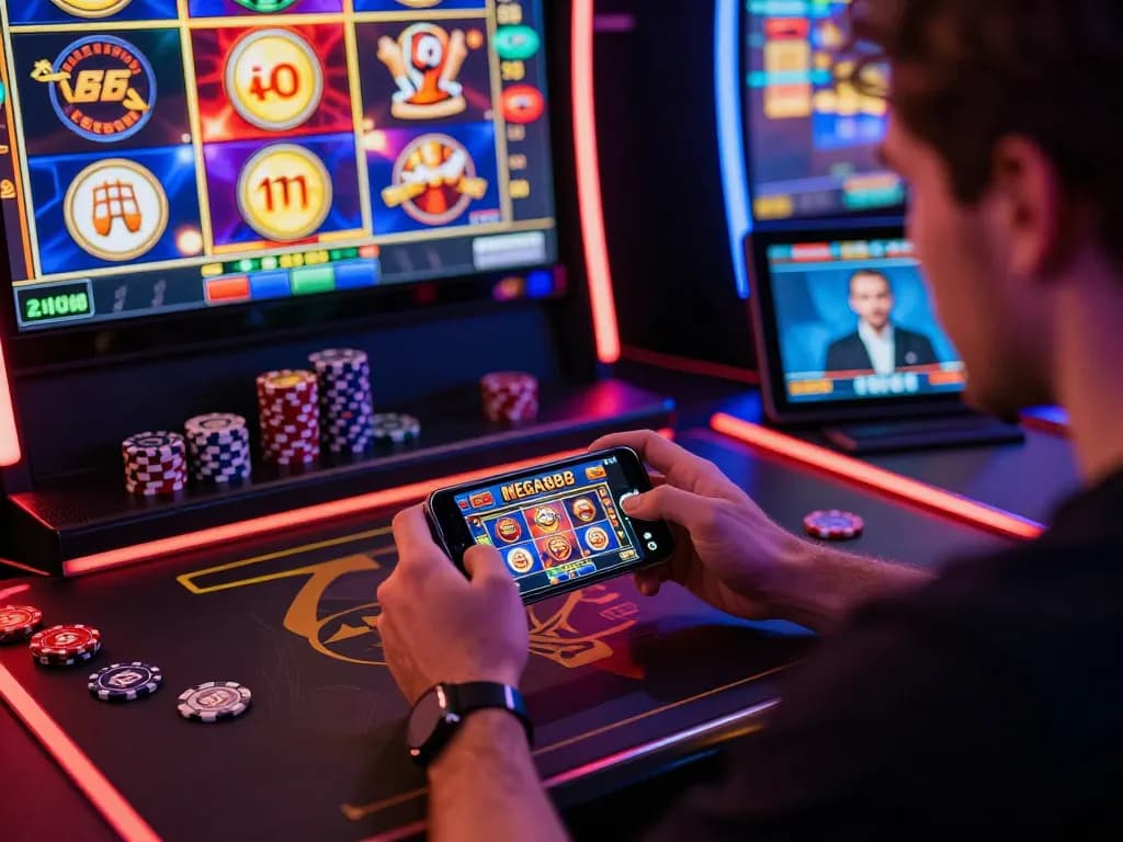 Player engaging with MEGA888 on smartphone in dynamic gaming setup, surrounded by colorful visuals and neon lights.