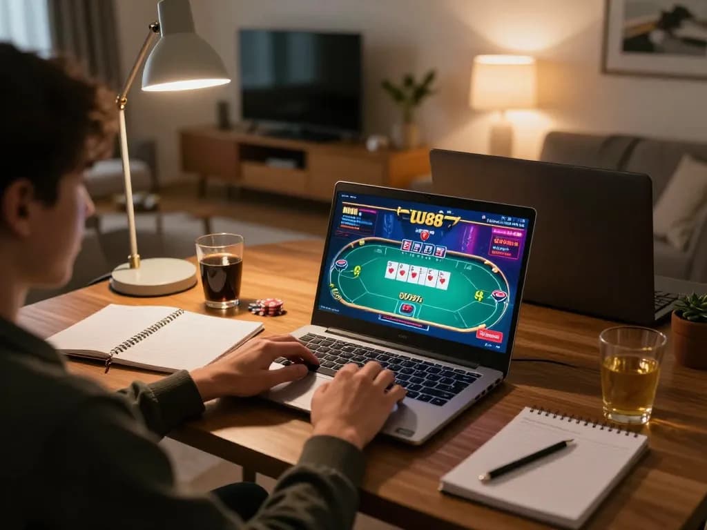 Engaging online gaming scene with uu88 poker interface, cozy home atmosphere, strategy notes visible.
