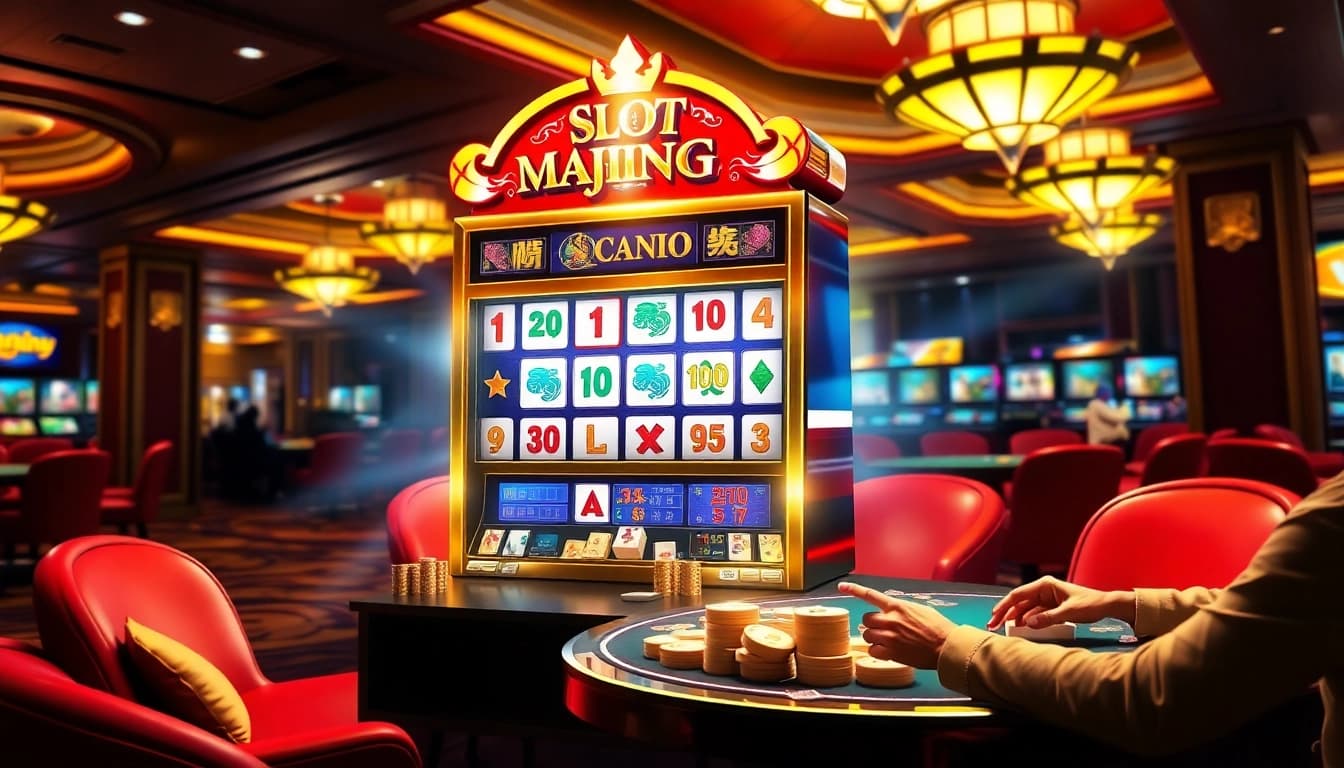 Immerse yourself in Slot Mahjong as players engage intently with the game at a vibrant casino.
