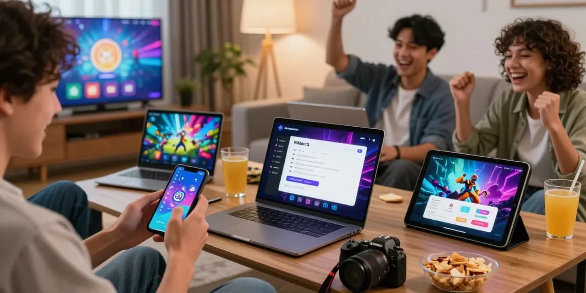 Players accessing the Winbox H5 platform on multiple devices in a lively gaming environment.