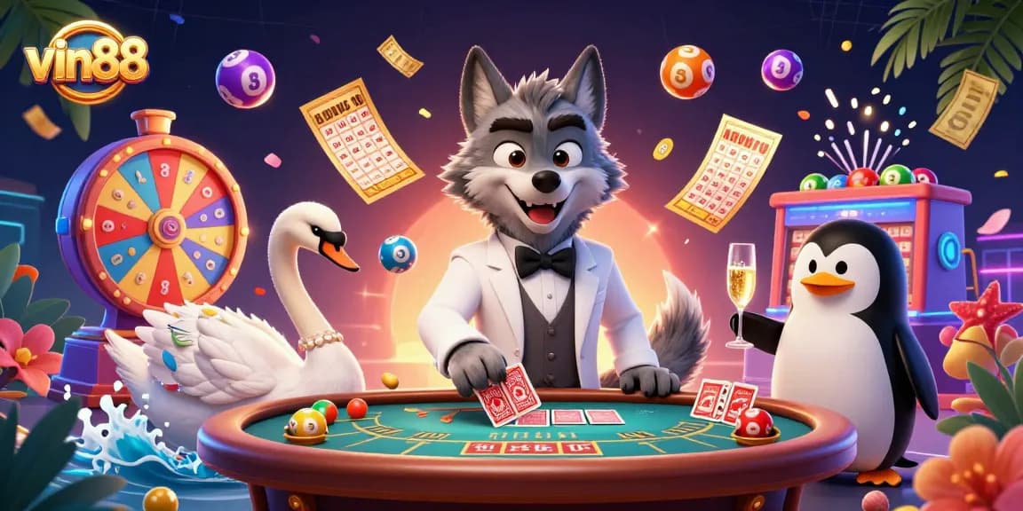 Experience vin88 with an engaging 3D casino scene featuring a wolf, swan, and penguin in action.