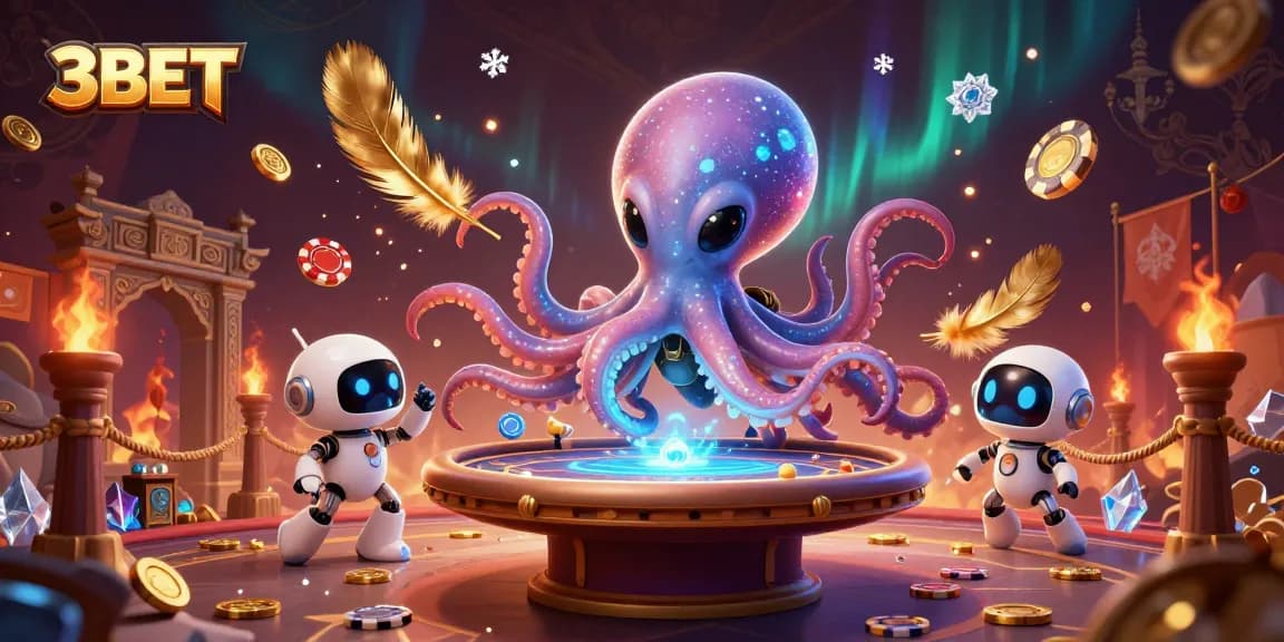 Join the 3BET alien octopus in a thrilling poker scene filled with cosmic elements and excitement!