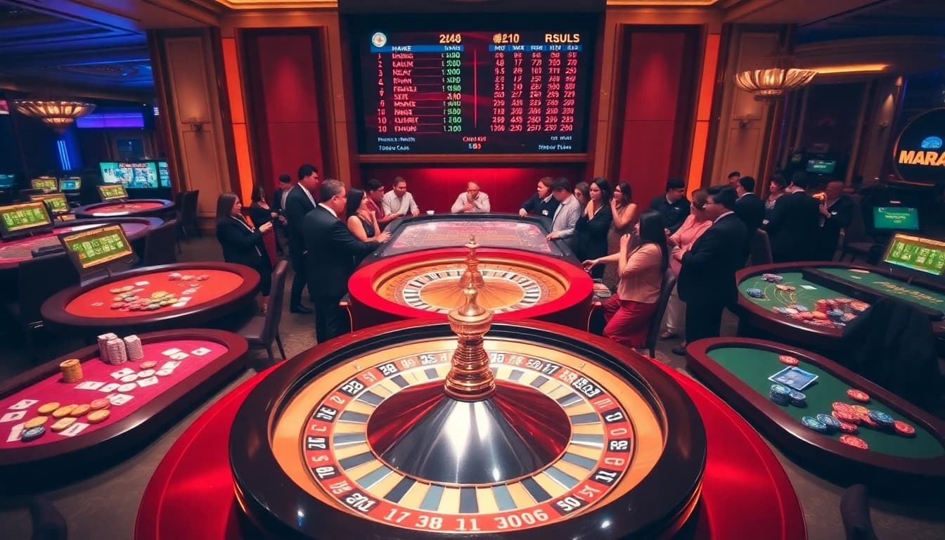 View of a casino showcasing thrilling Macau Prize draws and excited players at the gaming tables.