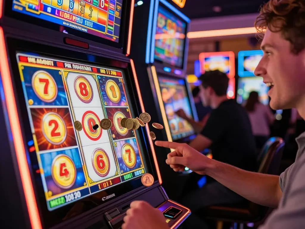 Engaging scene of a person playing Pragmatic Slot at a vibrant casino, celebrating a win with coins falling.