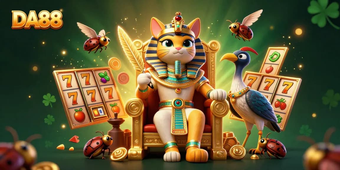 Play slots and win at DA88 with a vibrant scene featuring Egyptian pharaoh cats and gold treasures.