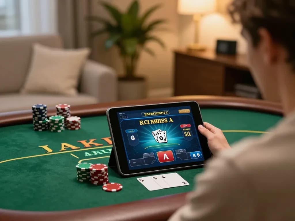 Engaged player enjoying rikvip online poker game on tablet in cozy living room setting