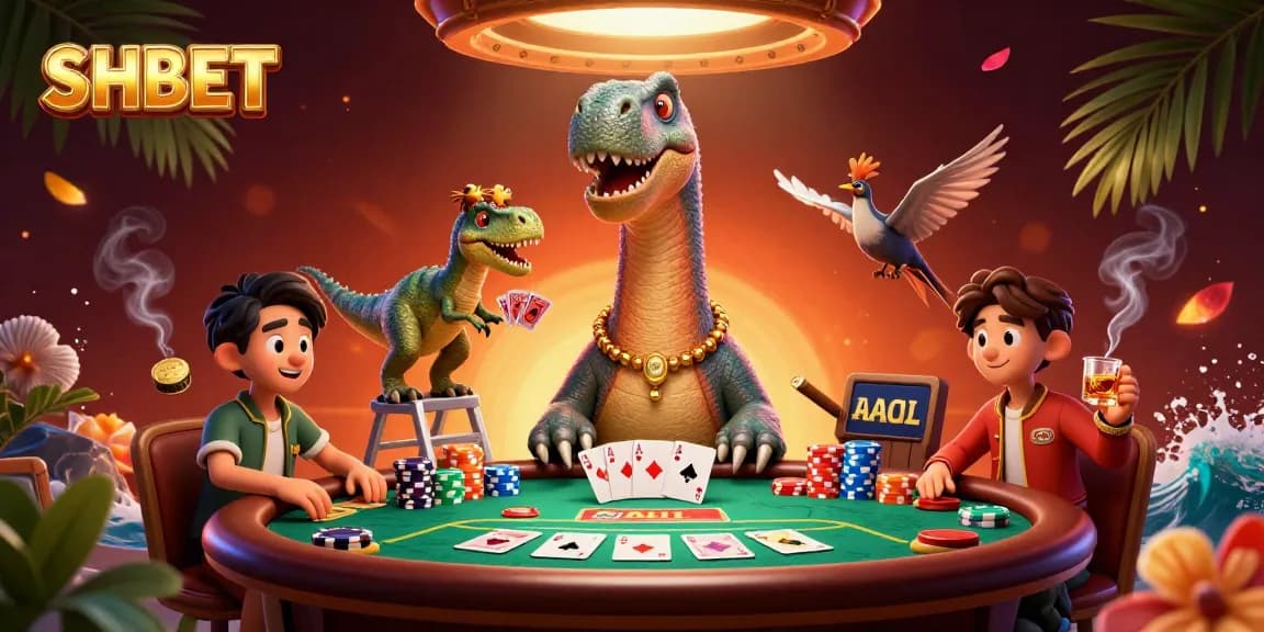 Engage with SHBET's vibrant casino scene featuring a brontosaurus, raptor dealer, and poker table excitement.