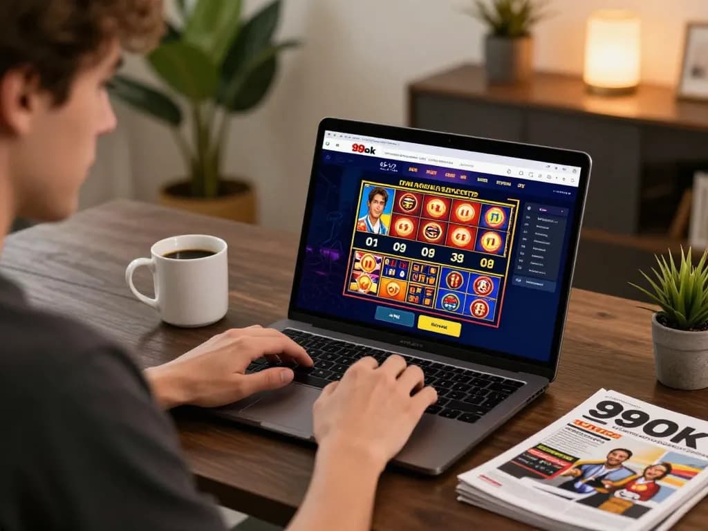Playing games on the 99ok platform in a cozy home environment, focusing on strategic gameplay.