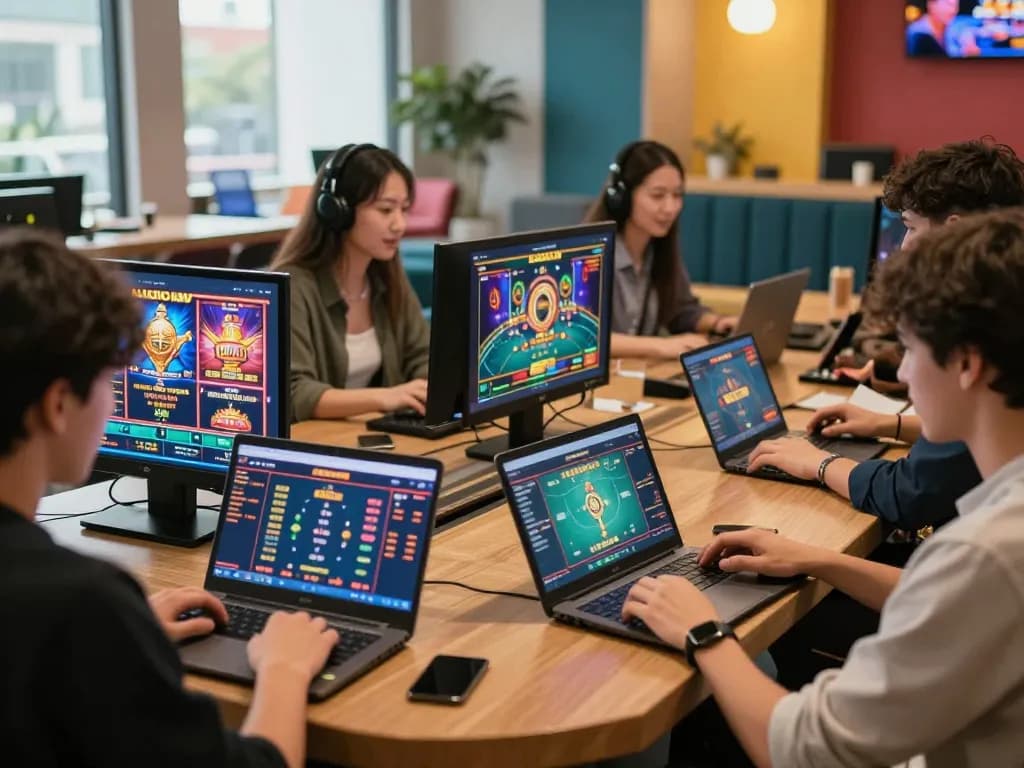 Players engaging with various games at iwin club in a vibrant online gaming lounge.