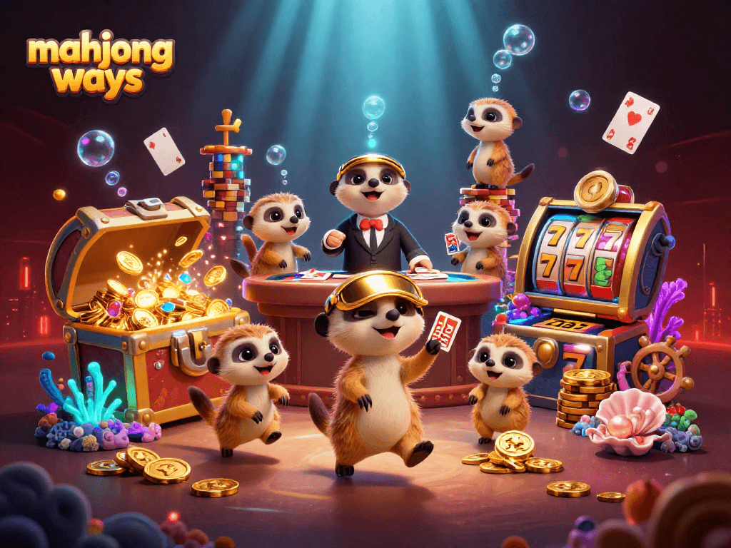 Enjoying mahjong ways gameplay with animated meerkats in a colorful casino scene filled with treasures.