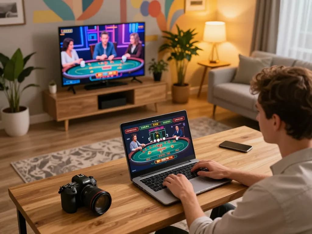 A player engaging in gi88 live dealer games from a stylish home gaming setup.