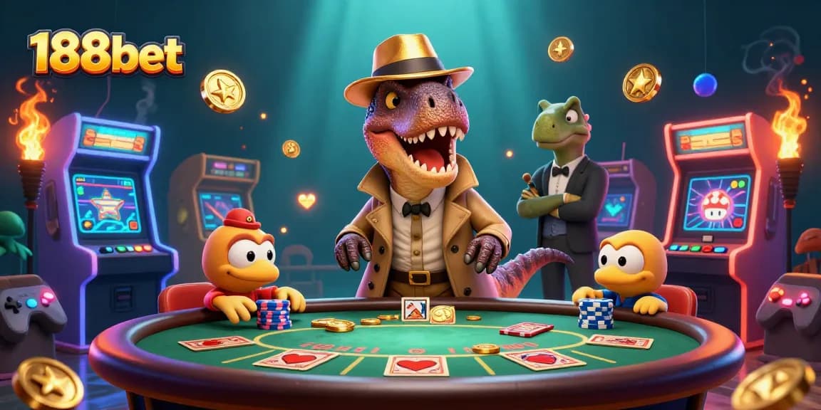 Join the dynamic 188bet scene with a cartoon velociraptor and friends at a blackjack table.