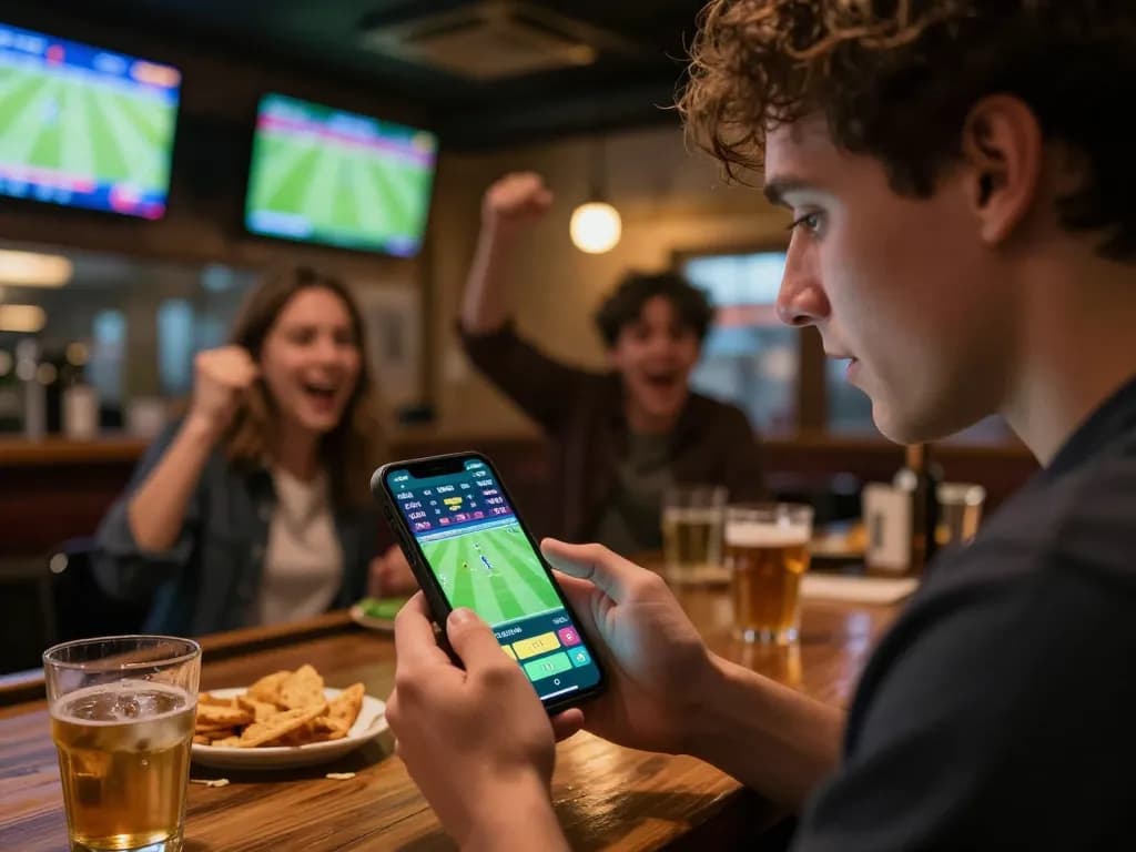 Engaging sports betting moment at KÈO TRỰC TUYẾN with live odds on smartphone in lively bar environment.