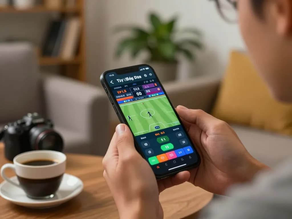 Tỷ Lệ Bóng Đá being actively bet on a smartphone in a cozy living room setting.