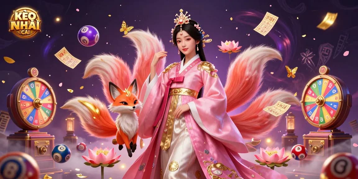 KÈO NHÀ CÁI visualizes vibrant lottery elements, featuring an Asian woman in a hanbok and a lucky fox.