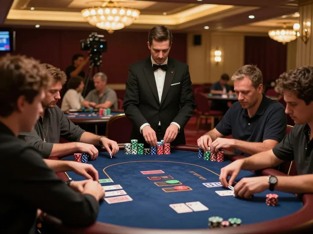 Sunwin poker scene showcasing intense gameplay and vibrant chip stacks in a luxurious casino environment