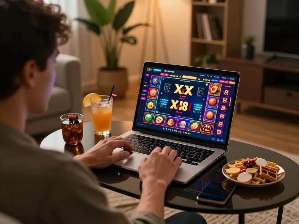 Engaging gameplay on XX 88 casino website from a cozy home setup with snacks.