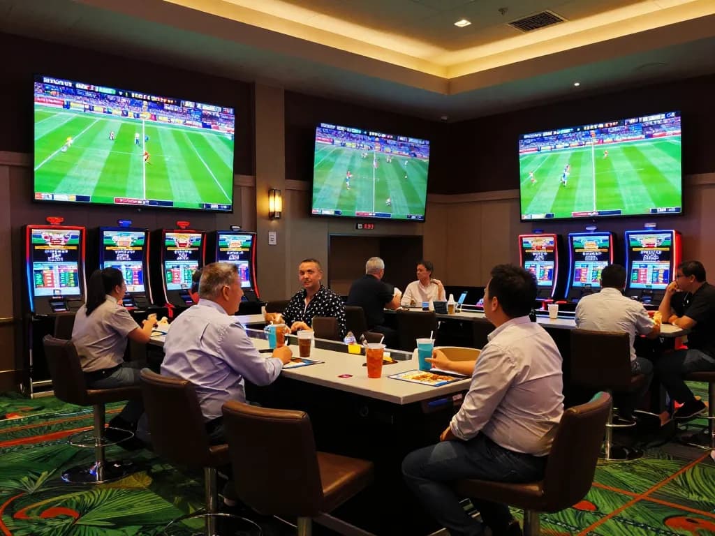 Tỷ Lệ Bóng Đá live betting area with enthusiastic bettors analyzing odds and enjoying the sporty atmosphere.