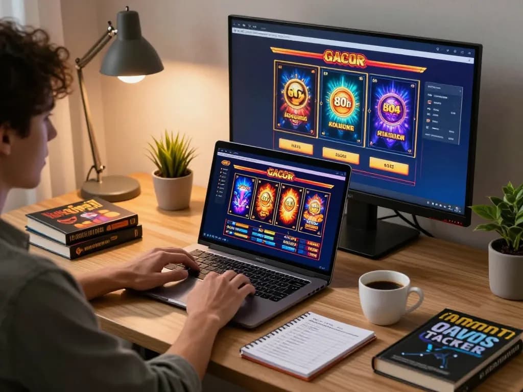 Engaging in slot gacor gameplay at a modern home gaming setup highlighting strategic notes and comfortable atmosphere.