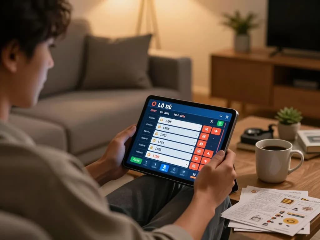 Lô đề online betting on a tablet in a cozy home setup, showcasing responsible gaming.