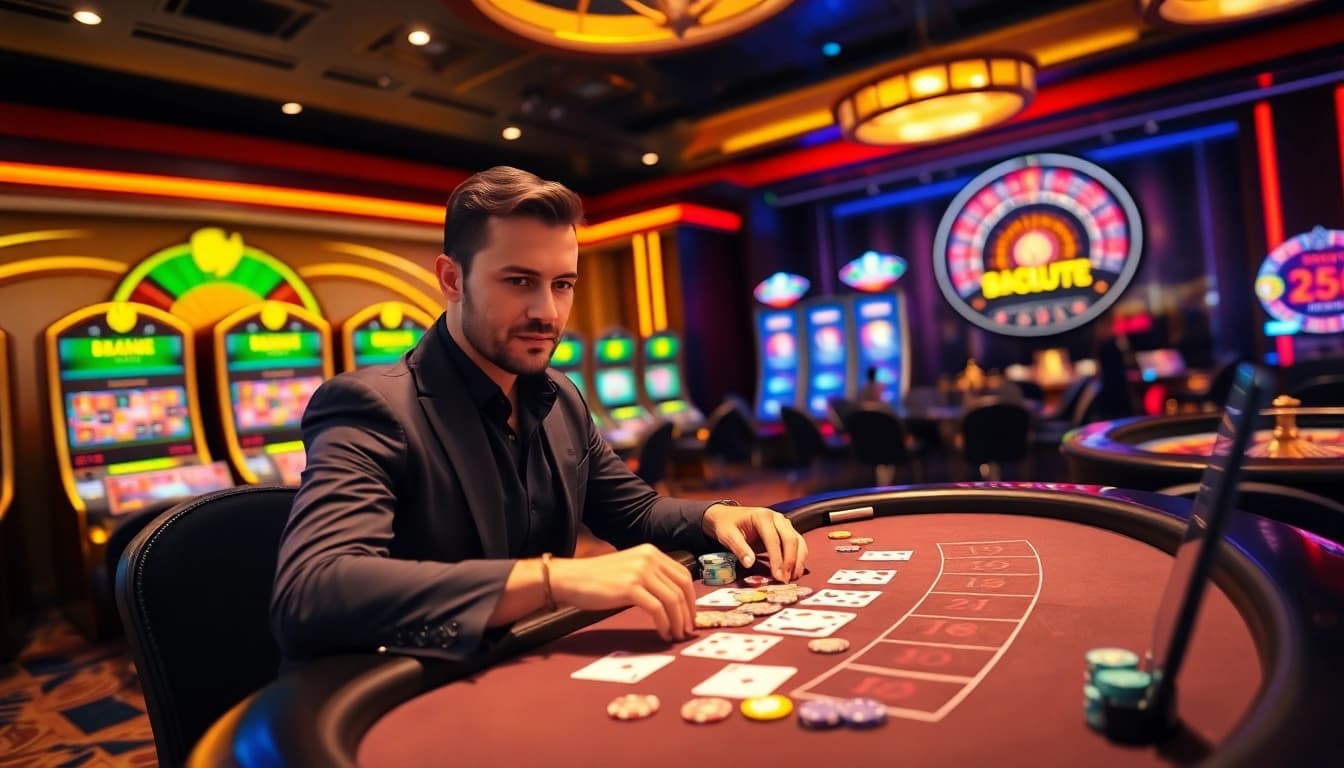 Play blackjack in a luxurious setting at bdtk66 my, with vibrant chips and cards.