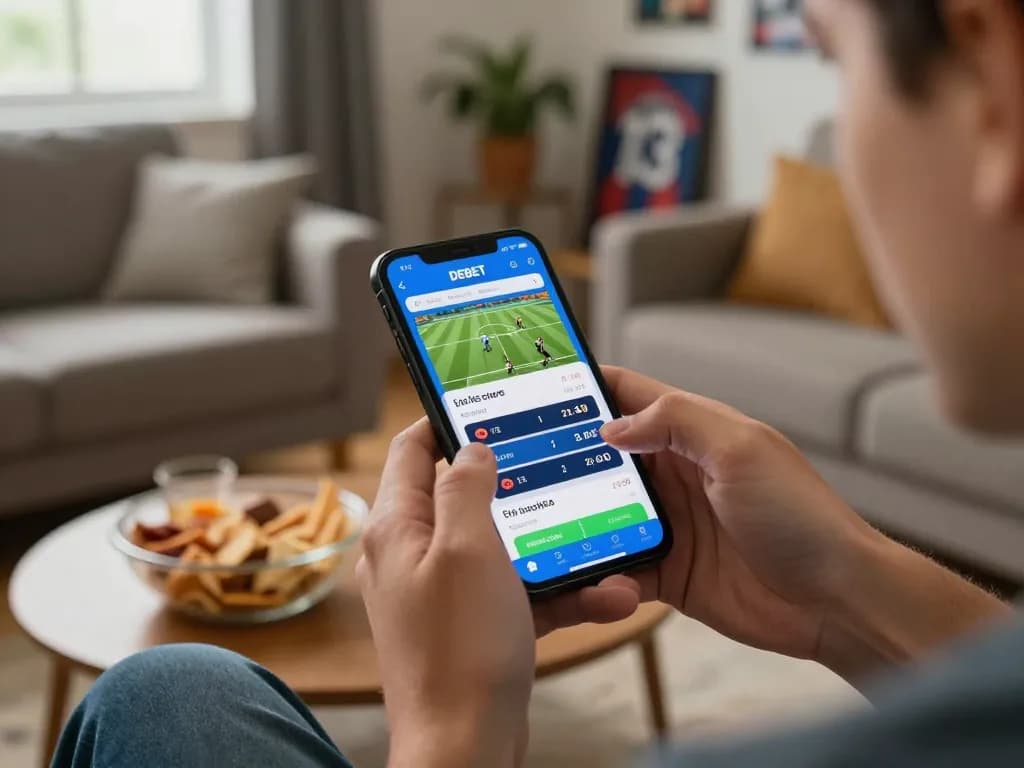 Person engaged with the DEBET betting app on smartphone, immersed in exciting sports betting at home