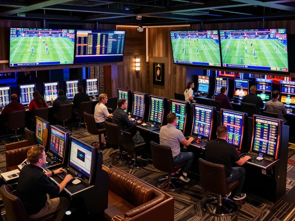 RR88 sports enthusiasts analyzing odds in a vibrant betting lounge.