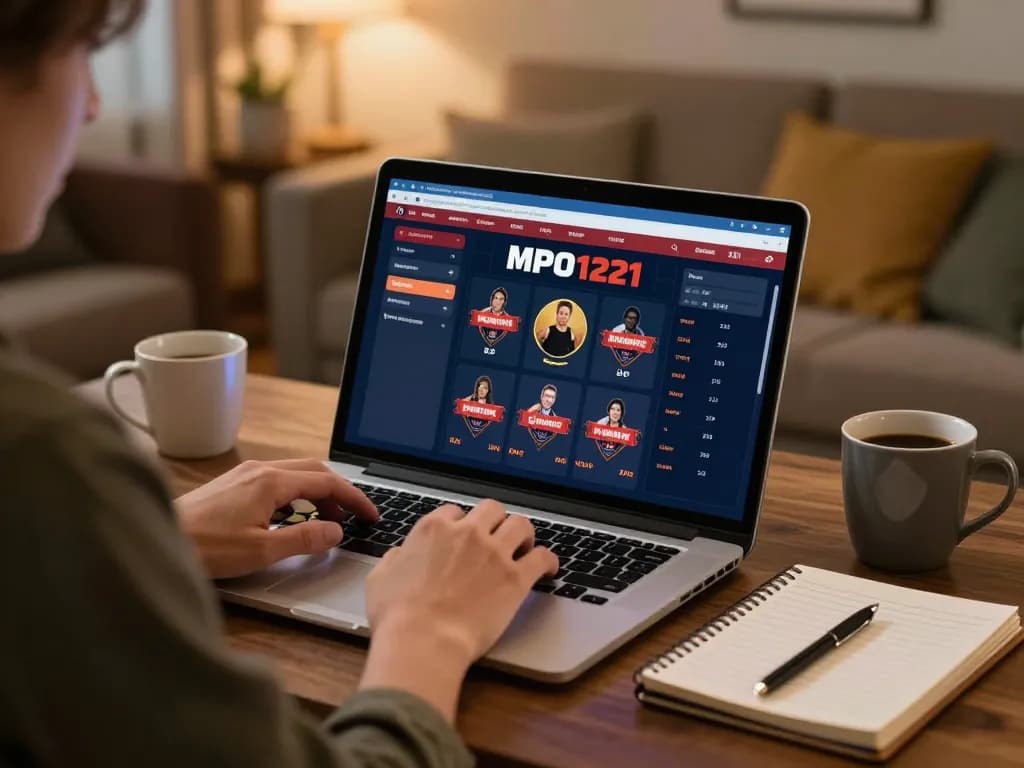 Pengguna MPO1221 terlibat dalam permainan kasino online di laptop, mempromosikan permainan yang bertanggung jawab